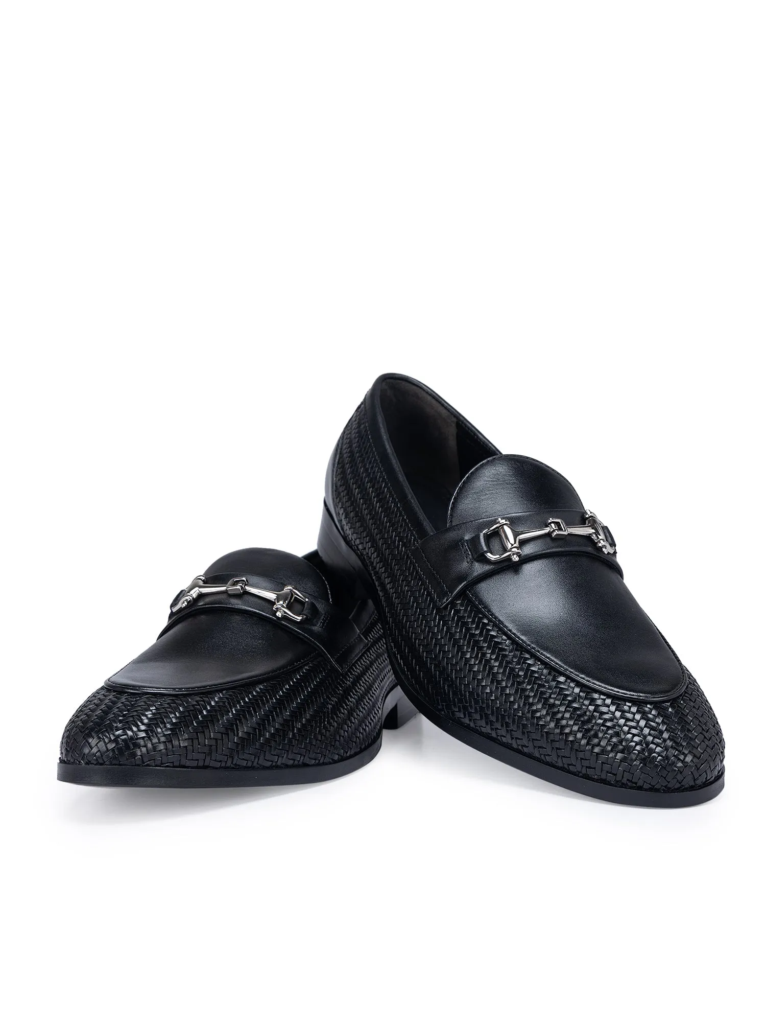 Black Textured Loafers With Buckle