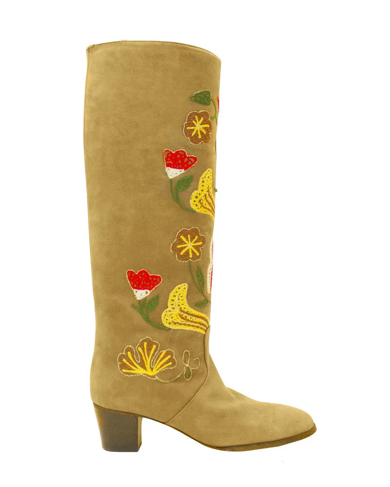 Tan Suede Floral Embroidery Boots